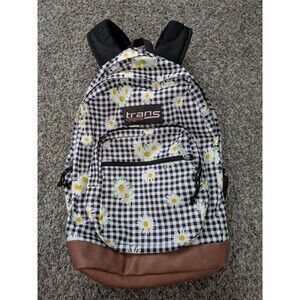 Trans by JanSport Backpack Black Gingham Daisy Print Faux Leather 17” Adult Bag